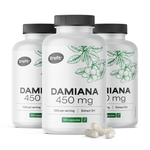 3x Damiána 450 mg – výtažek 10:1, dohromady 300 kapslí