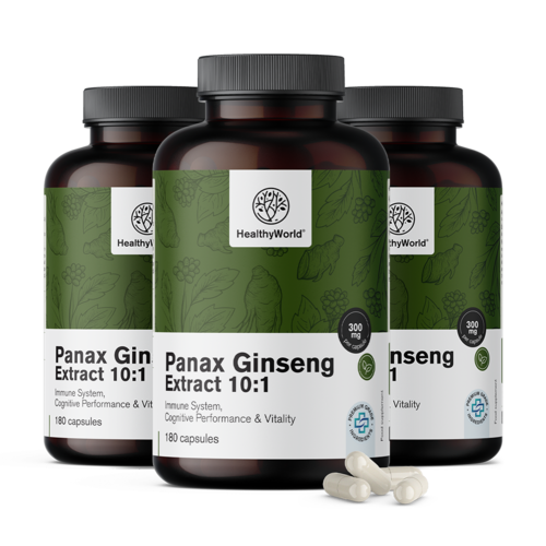 3x Panax Ginseng 300 mg – výtažek ženšenu 10:1, dohromady 540 kapslí