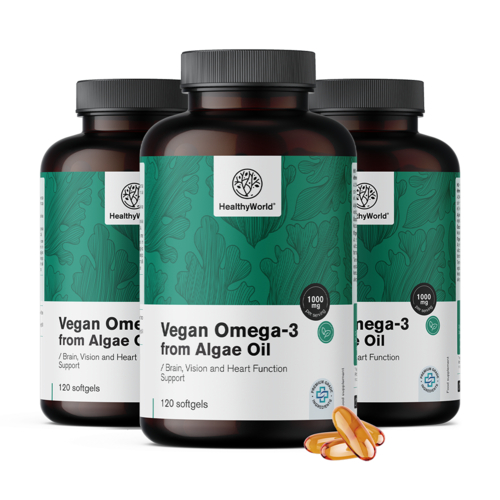 3x Veganská omega-3 1000 mg – z řas, dohromady 360 měkkých kapslí