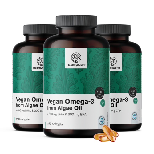 3x Veganská omega-3 1100 mg – z řas, dohromady 360 měkkých kapslí