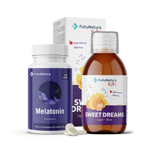 Klidná noc: melatonin + tekutý doplněk stravy pro děti, sada