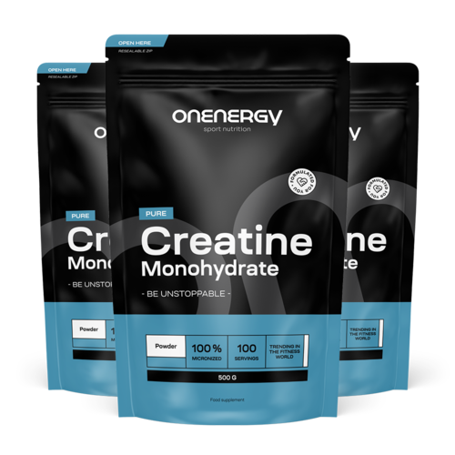 3x 100 % kreatin monohydrát ve formě prášku, dohromady 1500 g