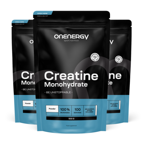 3x 100 % kreatin monohydrát ve formě prášku, dohromady 1500 g