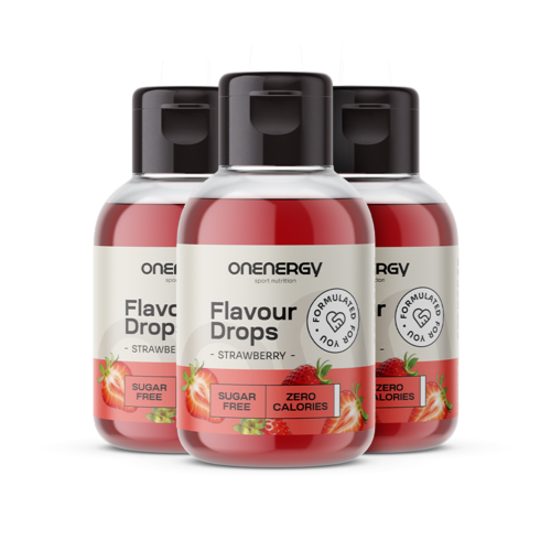 3x Flavour Drops kapky se sladidlem – jahoda, dohromady 150 ml