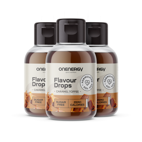 3x Flavour Drops kapky  se sladidlem – toffee karamela, dohromady 150 ml