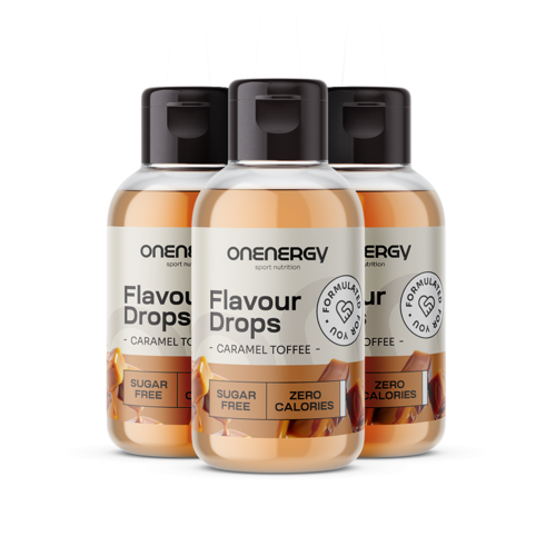 3x Flavour Drops kapky  se sladidlem – toffee karamela, dohromady 150 ml