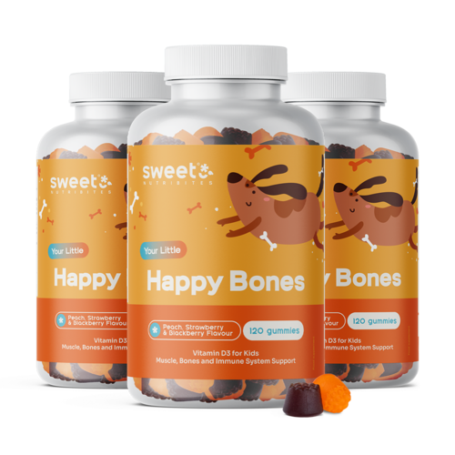 3x Happy Bones – gumové bonbony pro děti s vitamínem D3, dohromady 360 gumových bonbonů