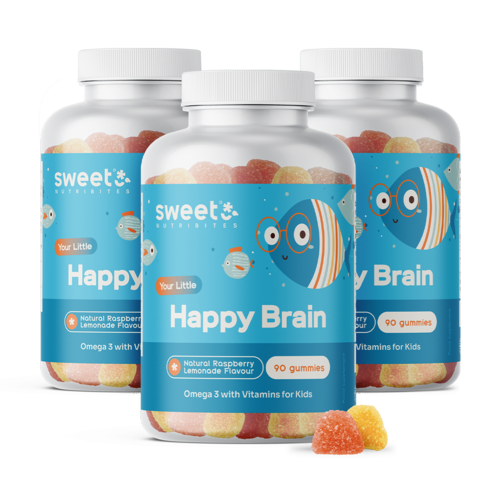 3x Happy Brain – gumové bonbony pro děti s omega-3 mastnými kyselinami, dohromady 270 gumových bonbonů